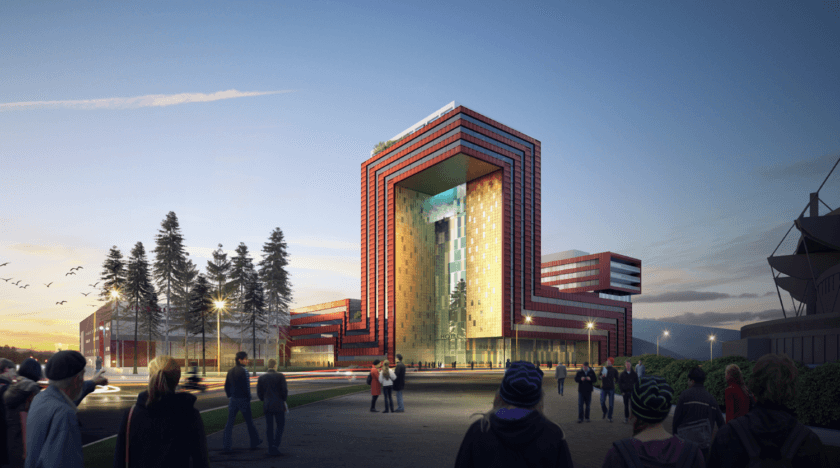 Växjö Fria Gymnasium Iconhuset Bild på Icon-huset med människor runt omkring